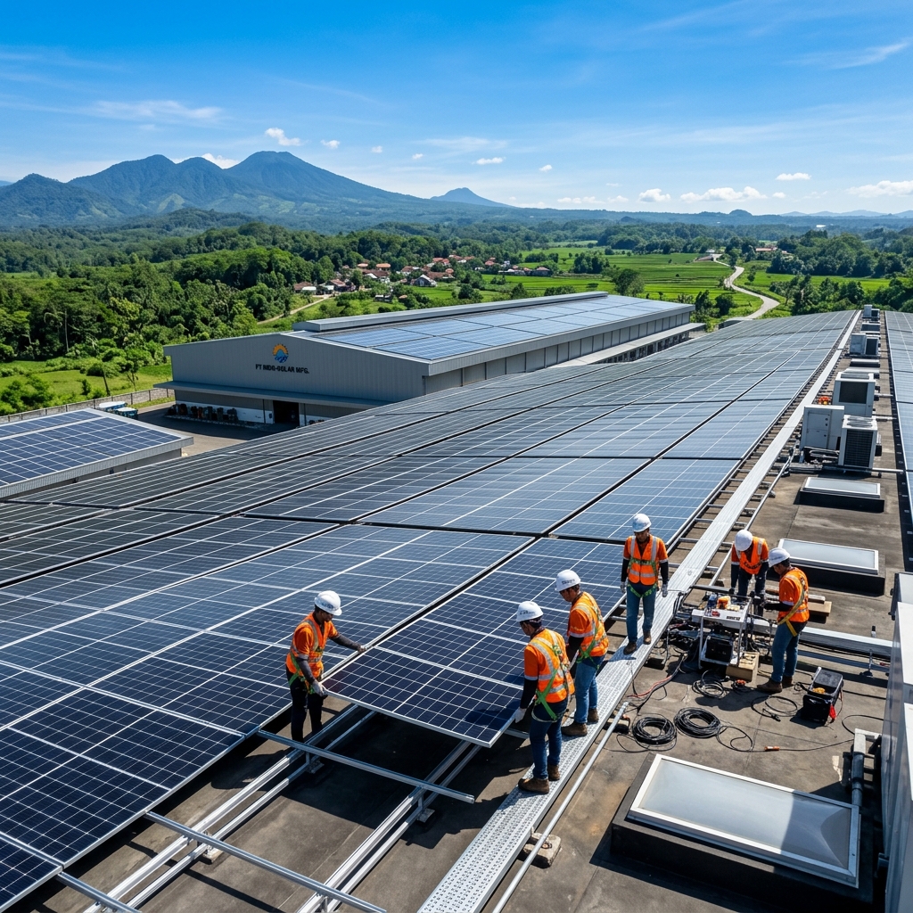 Installer team on industrial roof